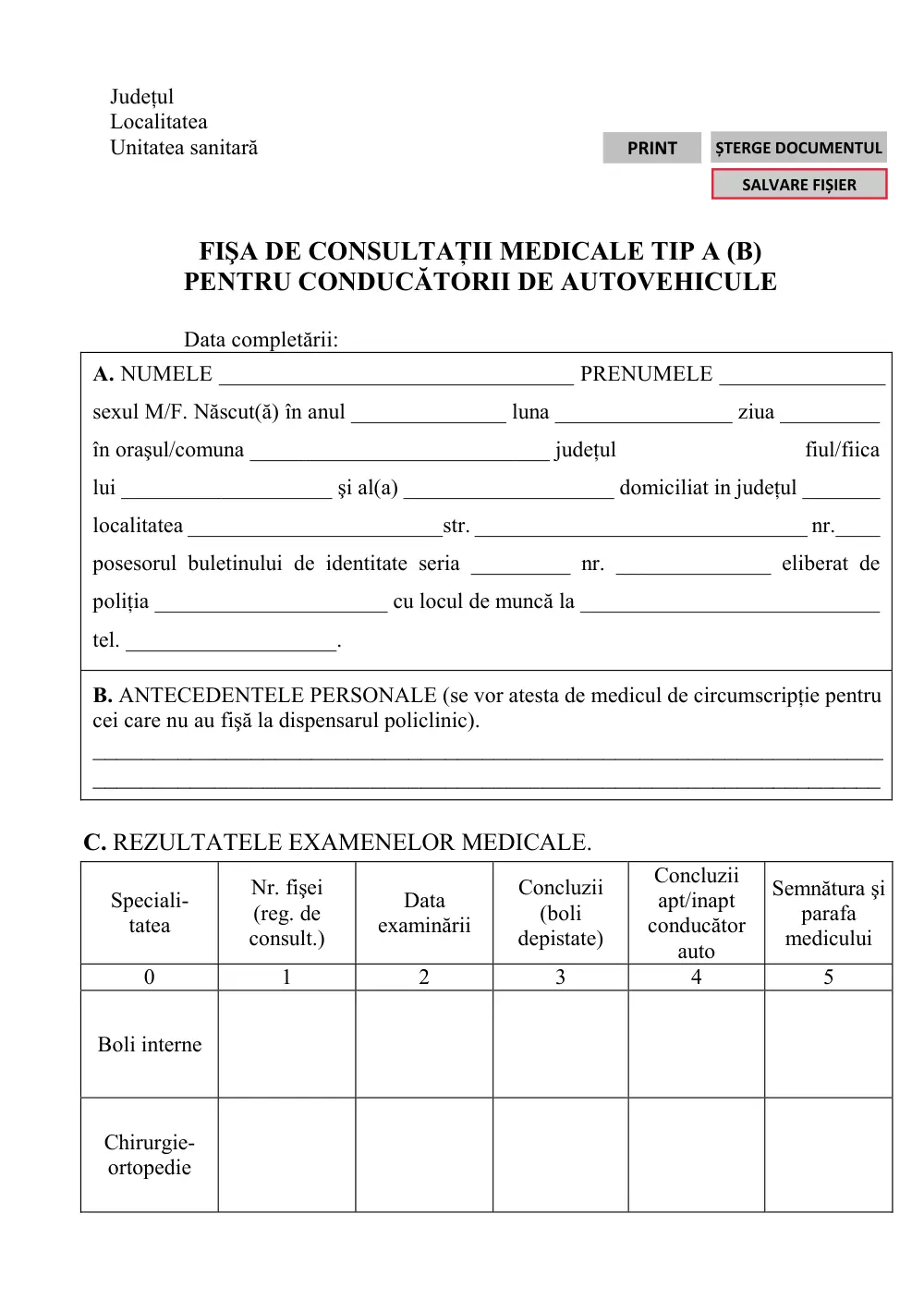 Prima pagină din previzualizarea documentului Fișă consultații medicale - permis conducere