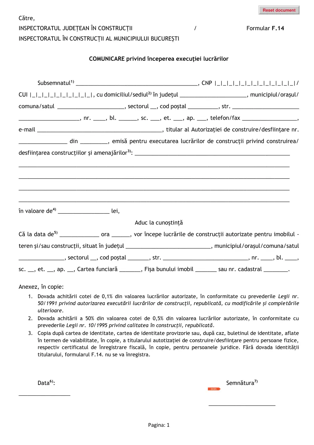 Prima pagină din previzualizarea documentului Formular F.14 - Comunicare începere execuție lucrări