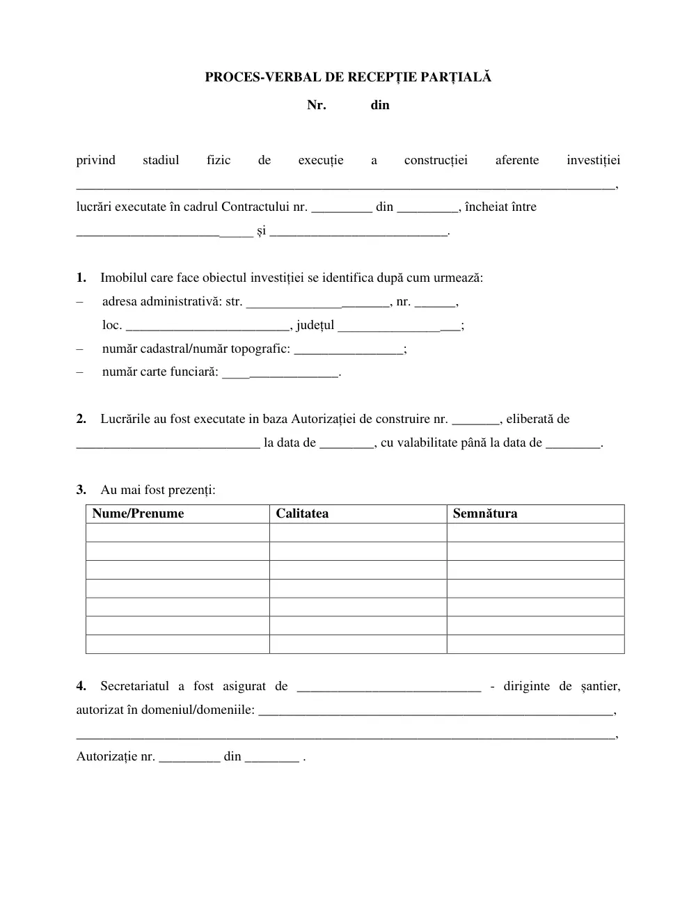 Prima pagină din previzualizarea documentului Proces-verbal de recepție parțială