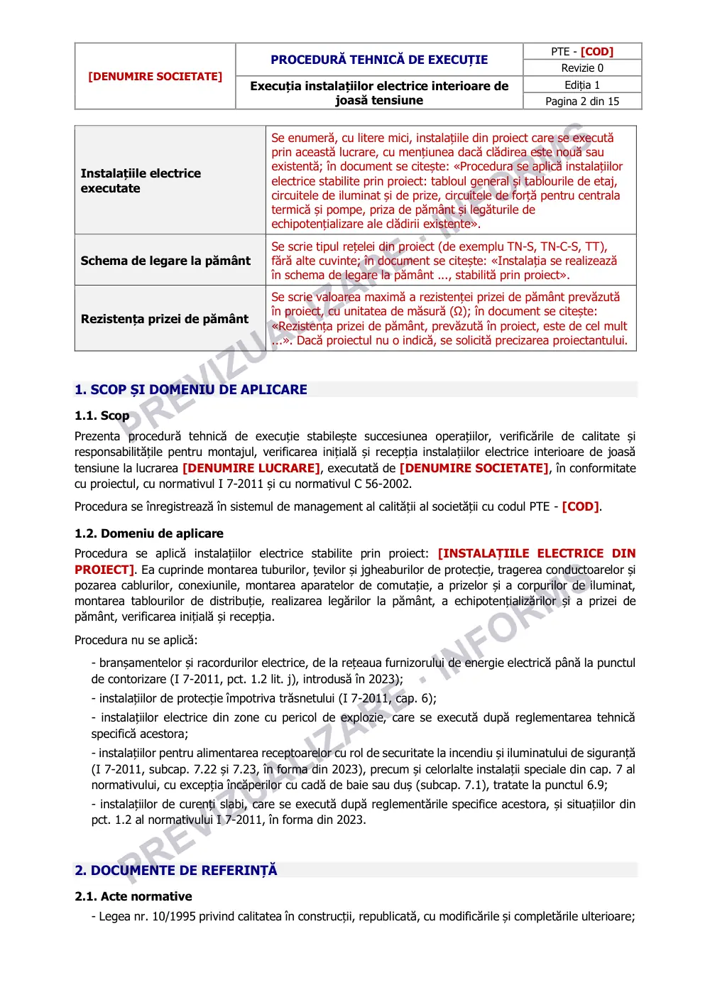 Prima pagină din previzualizarea documentului Procedură tehnică de execuție: instalații electrice de joasă tensiune