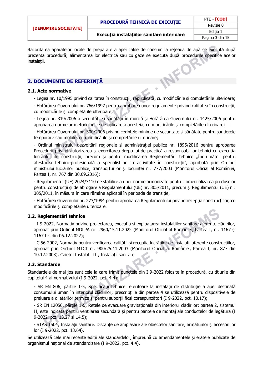 Prima pagină din previzualizarea documentului Procedură tehnică de execuție: instalații sanitare interioare