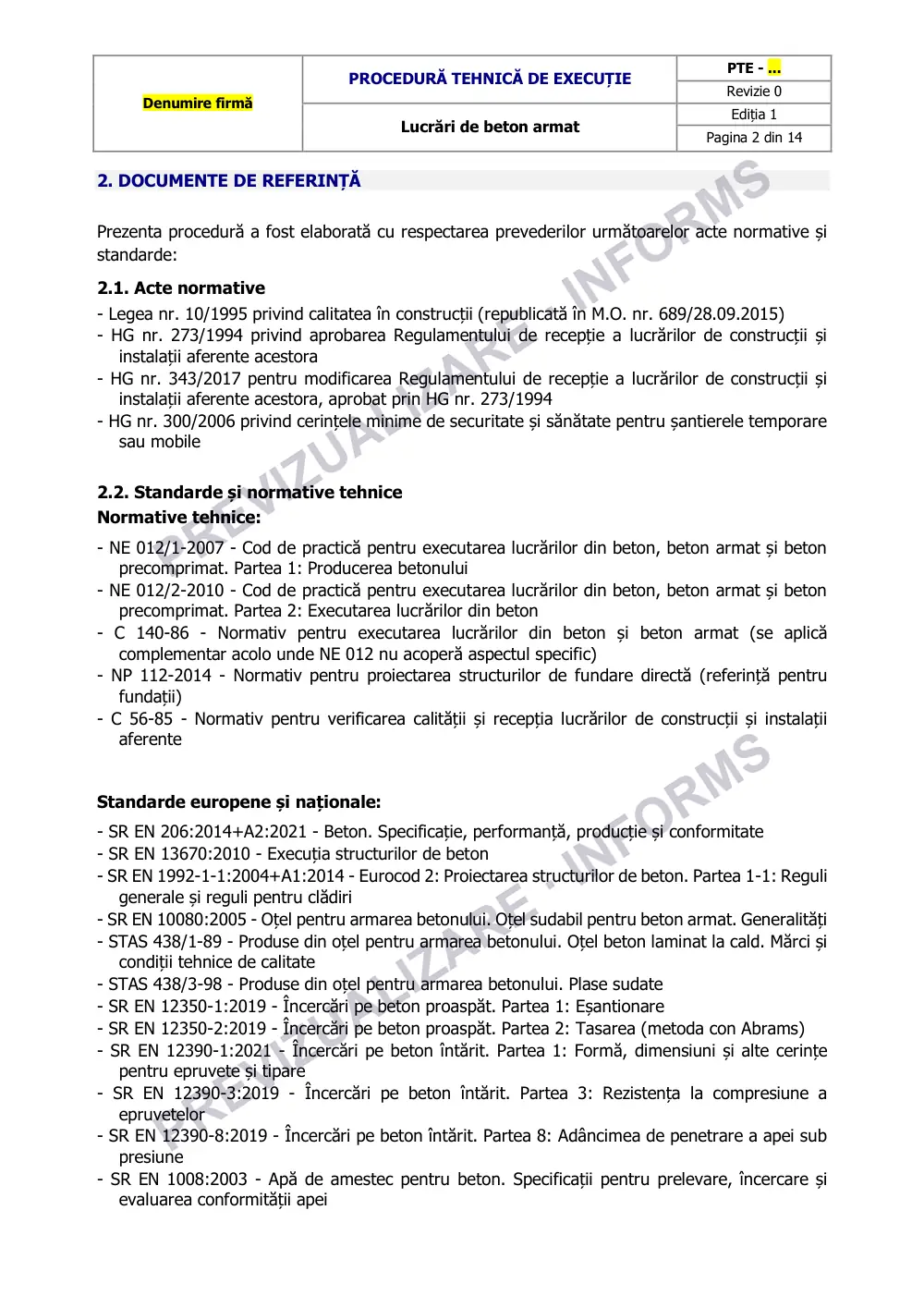 Prima pagină din previzualizarea documentului Procedură tehnică de execuție: lucrări de beton armat