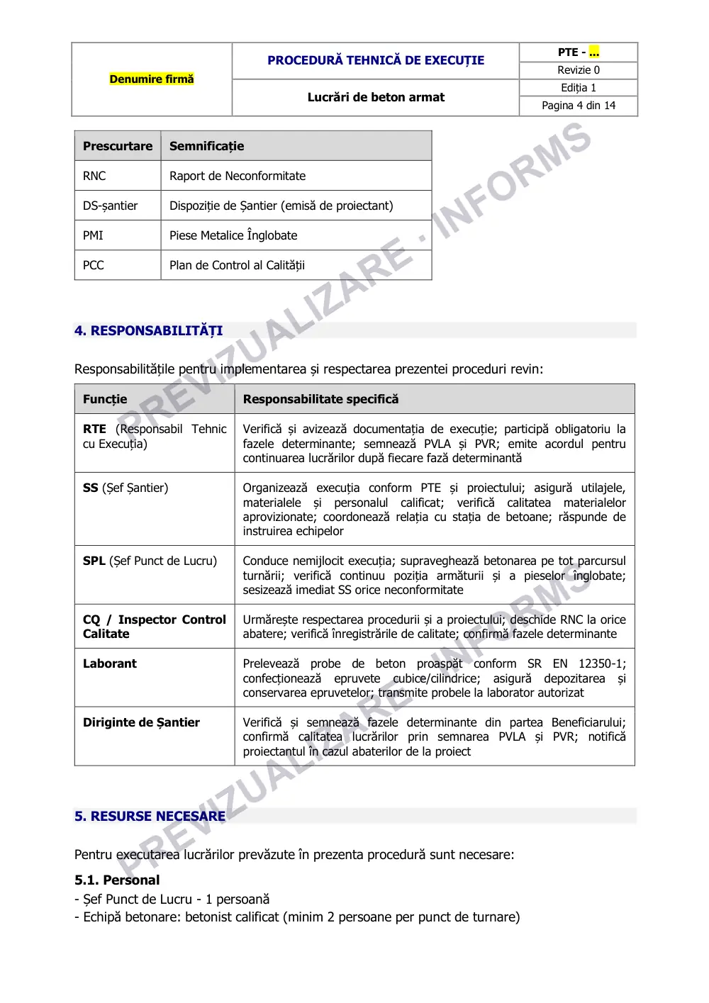 Pagina 4 din documentul Procedură tehnică de execuție: lucrări de beton armat