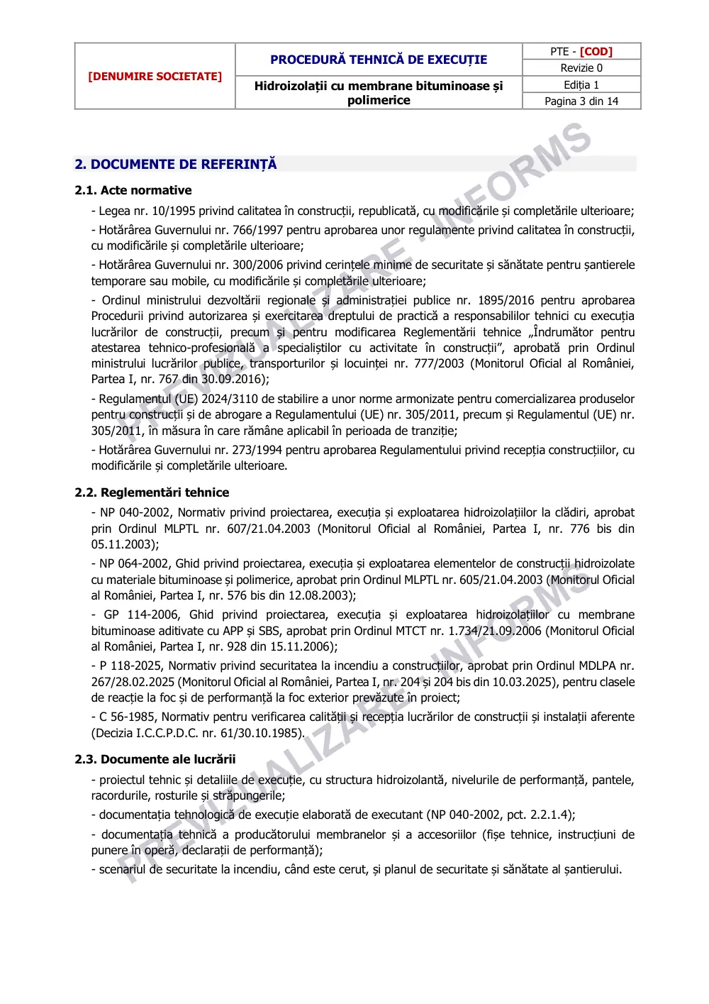 Prima pagină din previzualizarea documentului Procedură tehnică de execuție: hidroizolații cu membrane