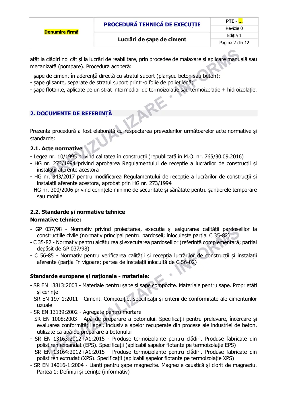 Prima pagină din previzualizarea documentului Procedură tehnică de execuție: lucrări de șape de ciment
