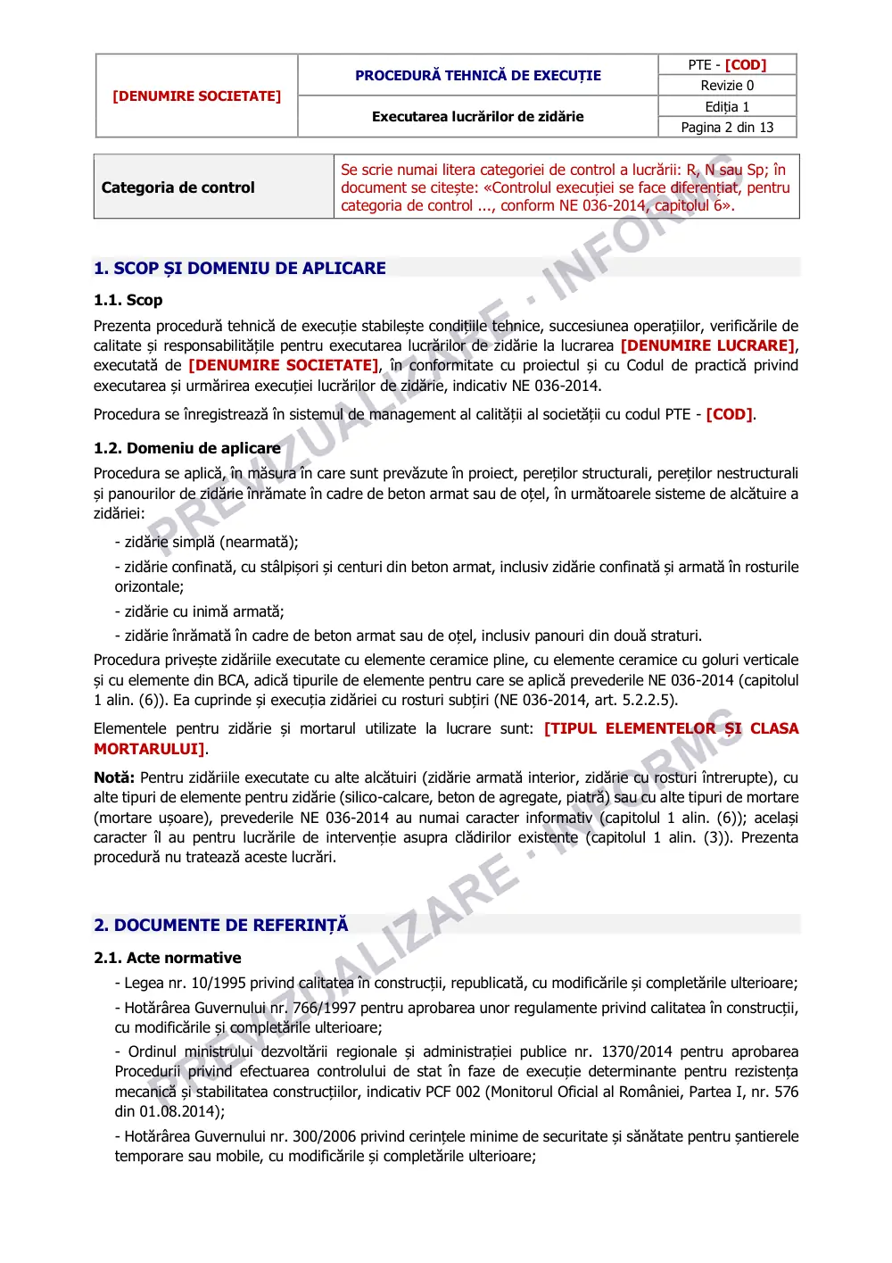 Prima pagină din previzualizarea documentului Procedură tehnică de execuție: lucrări de zidărie