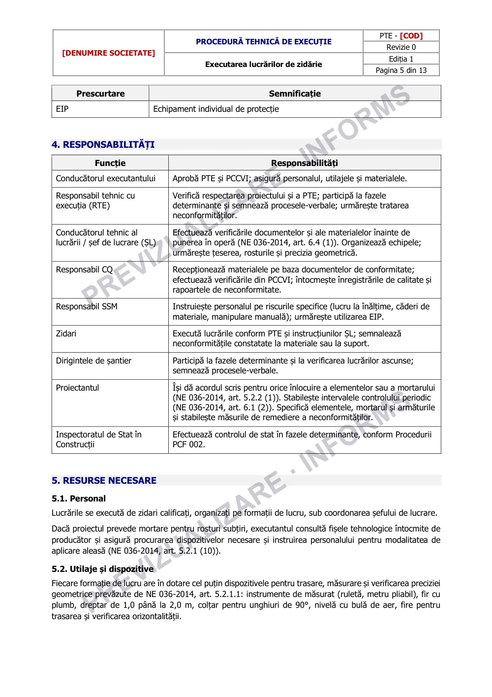 Pagina 5 din documentul Procedură tehnică de execuție: lucrări de zidărie