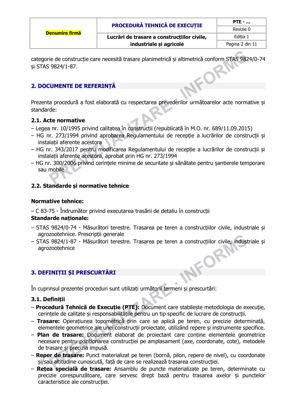 Prima pagină din previzualizarea documentului Procedură tehnică de execuție: trasarea construcțiilor